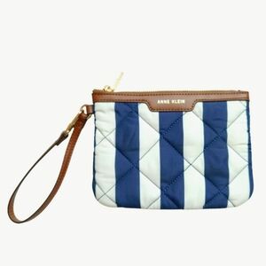 ANNE KLEIN Quilted Wristlet Pouch White Navy Stripes Faux Brown Leather Trim